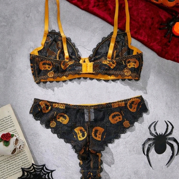 2pcs Women Halloween Lace Print Sexy Lingerie Set Clothes - Picture 2 of 7